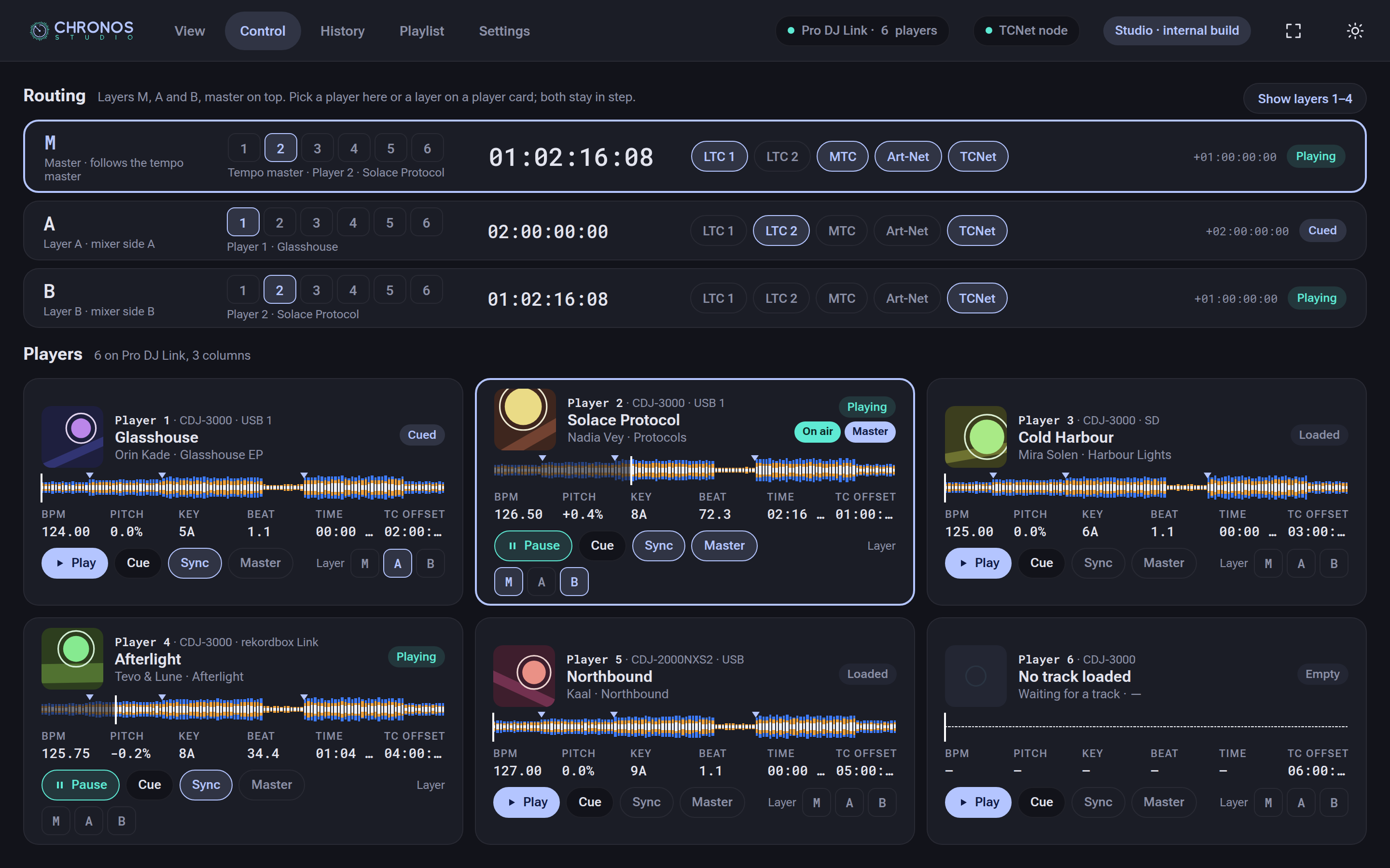 Desktop: Control routing 6 players 3 columns Dark