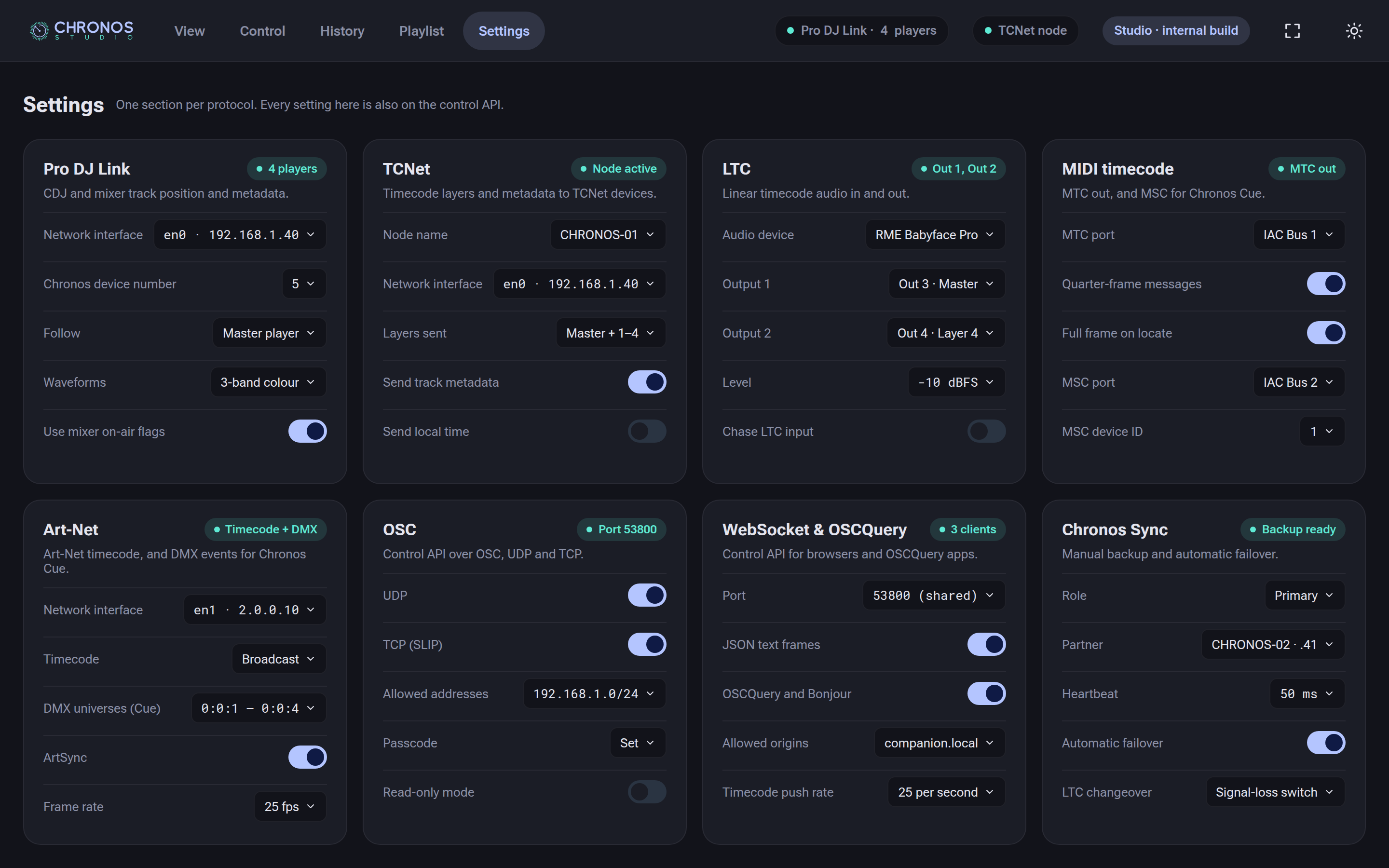 Settings · Chronos Sync backup and failover beside every protocol